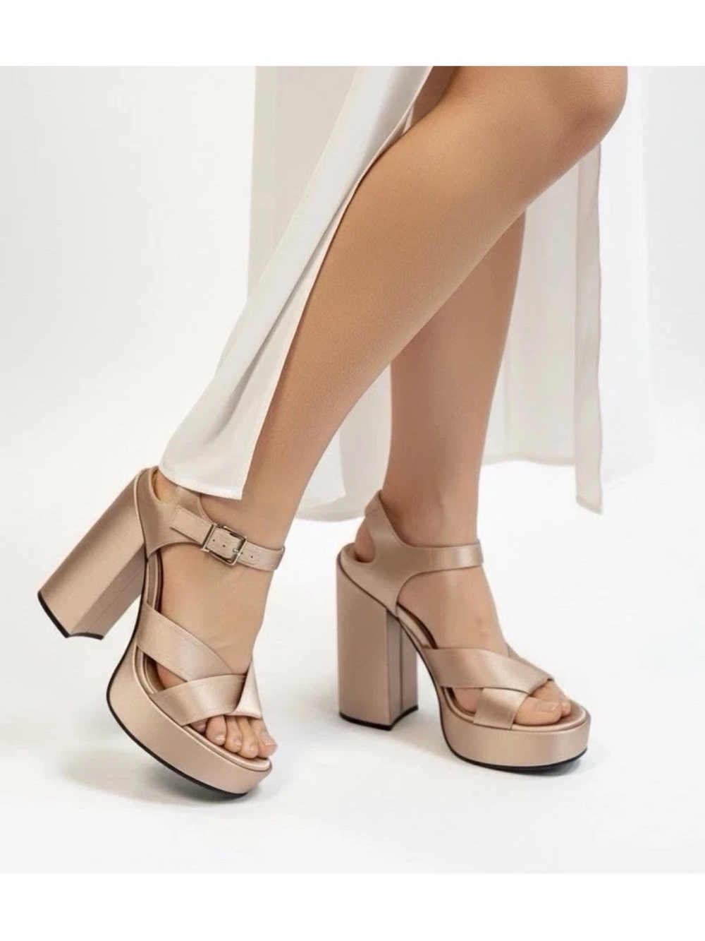 Jil Sander Champagne Satin Platform Sandals Ankle Strap 38.5 US 8